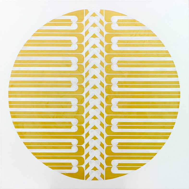 Anna Leyland, Bones, Acrylic (white and metallic gold) on stretched canvas, 1000 x 1000mm, Maori Circle Painting