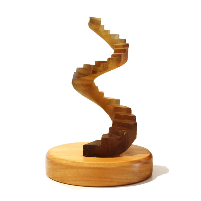 Brian Chrystall- "Spiral Staircase with Wooden Base", Cast Glass on Timber Base, 270mm height, 2021
