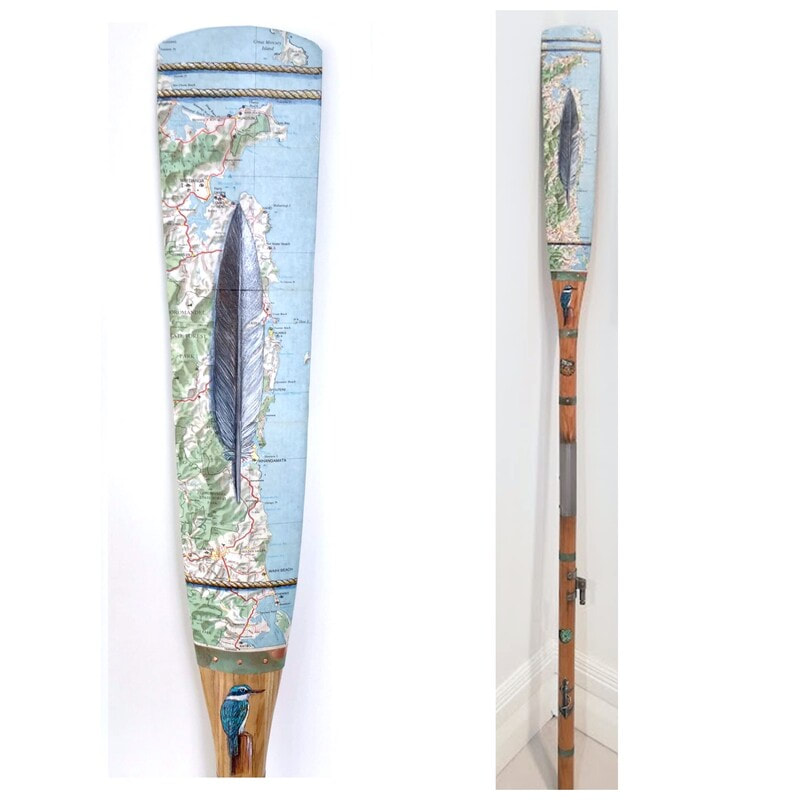 Justine Hawksworth- "Coromandel Peninsula Oar", Acrylic, Pencil and Metal Details on Re-purposed Oar, 1600mm tall, 2022