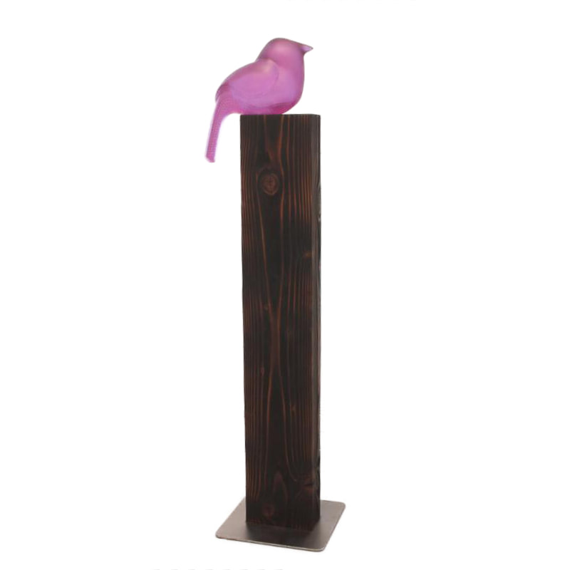 Francia Smeets, "Resting Kererū (Fuchsia)", Cast Glass on Timber Post with Steel Base Plate, Steel Base, 2022, 1190mm Height