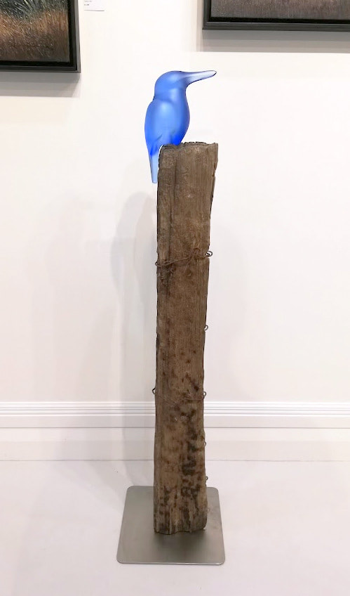 Francia Smeets- "Waiting" Bird Series- Kingfisher (Kotare), Pale Cobalt, Cast Glass on Timber Plinth, Steel Base, 30cm height x 30cm width x 30cm depth, 2022