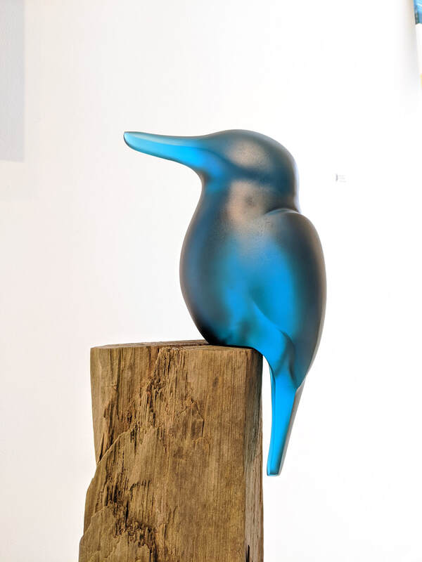 Francia Smeets "Waiting" Bird Series- Kingfisher (Kotare), Jade, Cast Glass on Timber Plinth, 2021, 113cm height, SOLD