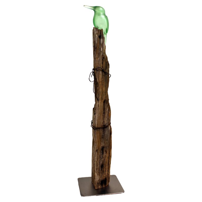 Francia Smeets, "Waiting, The Bird Series - Kingfisher (Kotare)", cast glass on timber plinth with steel base, 2023, 1260 x 150 x 130mm