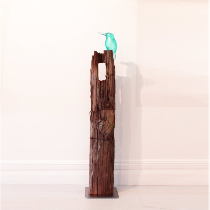 Francia Smeets- "Waiting" Bird Series- Kingfisher (Kotare), Pale Jade, Cast Glass on Timber Plinth, Steel Base, 30cm height x 30cm width x 30cm depth, 2022