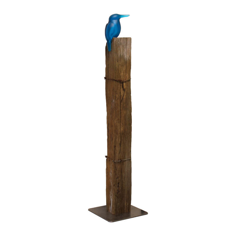 Francia Smeets, "Waiting Kōtare (Kingfisher)", Hand Cast Glass on Timber Plinth with Steel Base Plate. Suitable for indoor or Outdoor Display, H 1330 x W 180 x D 100mm, 2024