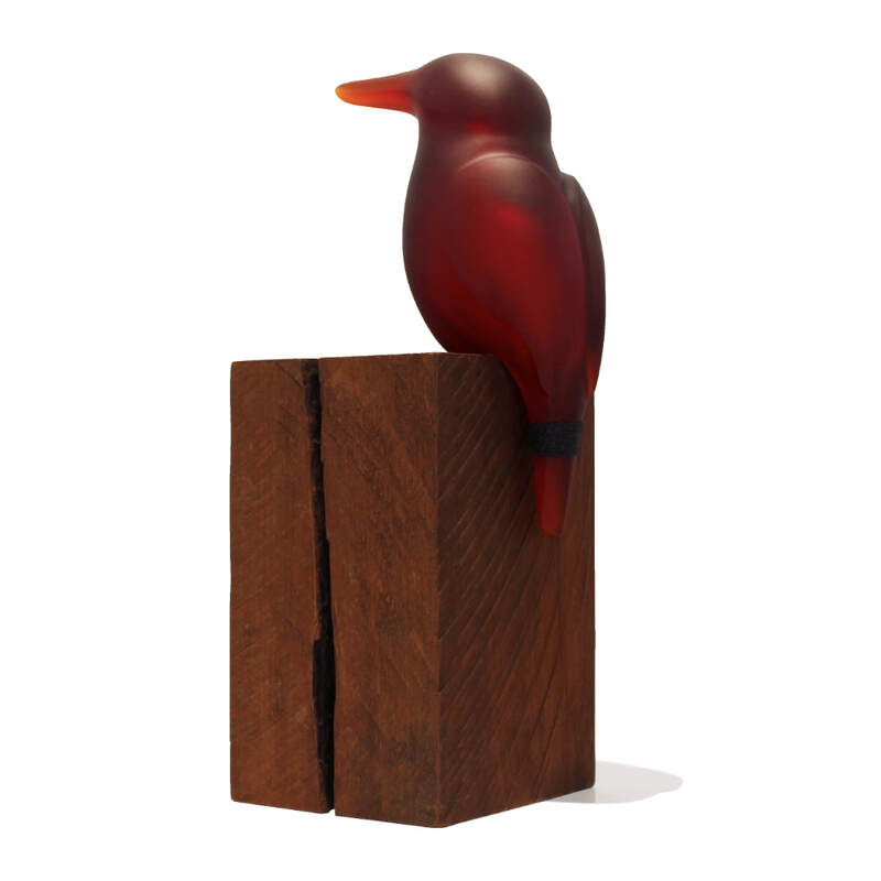 Francia Smeets, "Waiting (Kotare)", Cast Glass on Timber Post, 380 H x 150 W x 140mm D, 2023