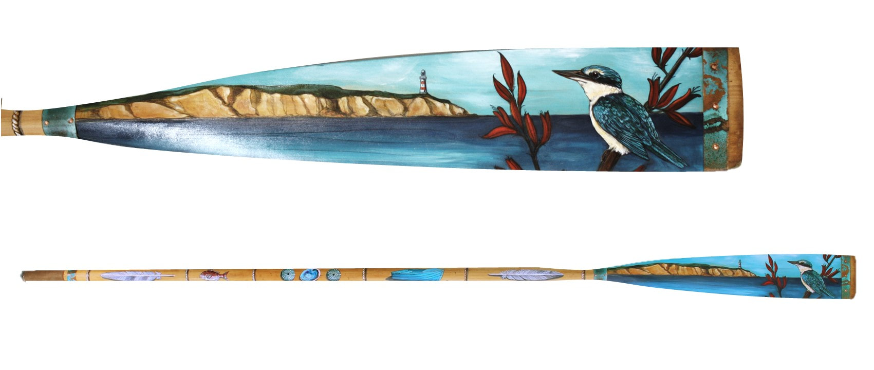 Justine Hawksworth- "Keeping Watch", Acrylic and pencil on wooden oar, Copper details, Approx 2.3m long