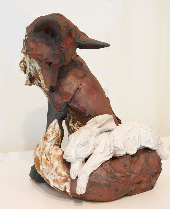 Kylie Matheson- "Fox and the Rabbit (Captivated)", Hand Built Ceramic Sculpture, 340 H x 240 W x 220mm D, 2021, SOLD