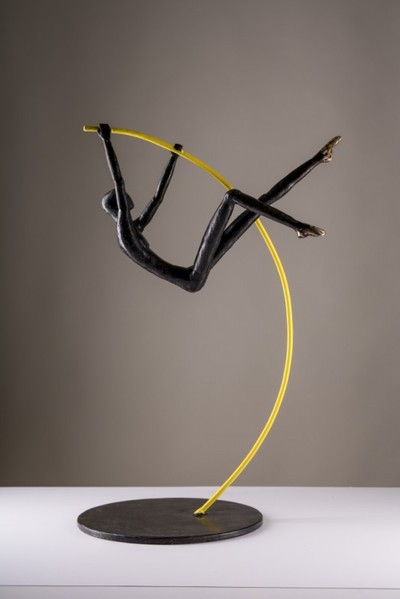 John Wolter, "Pole Vaulter", 600 high x 450 wide x 200mm deep, Blackened steel with a polished wax finish and sealed enamel paint