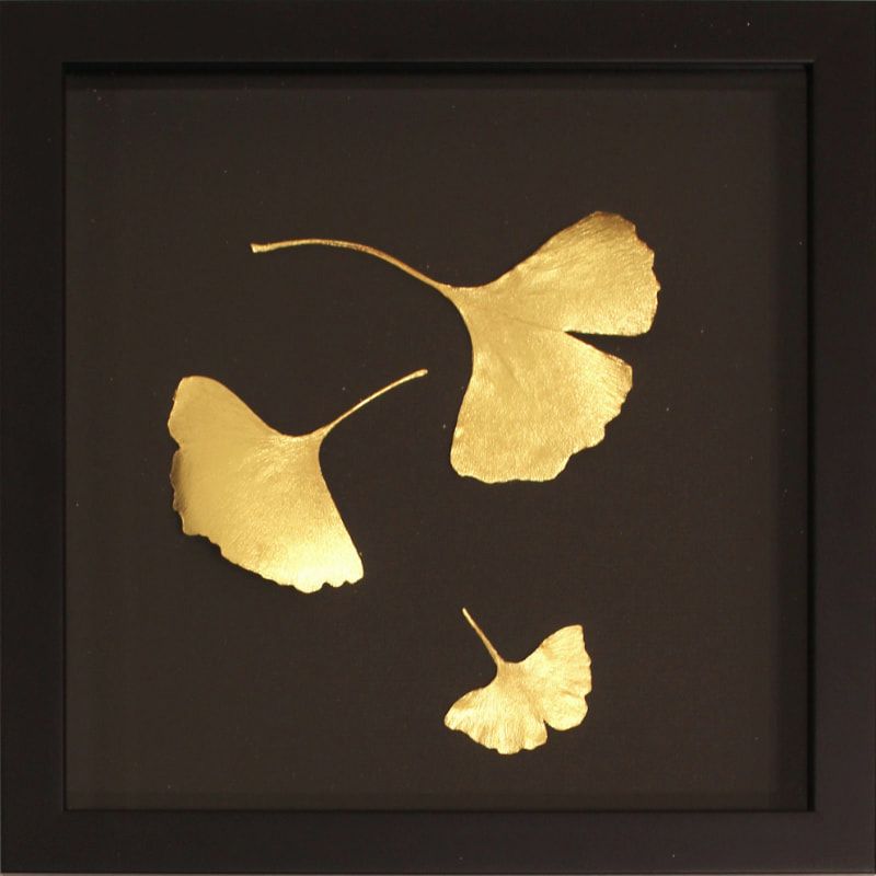 Rachel Murphy, "Three Gingko Leaves", Hand Pressed 24ct Gold Wall Sculpture, framed, 280 x 280mm