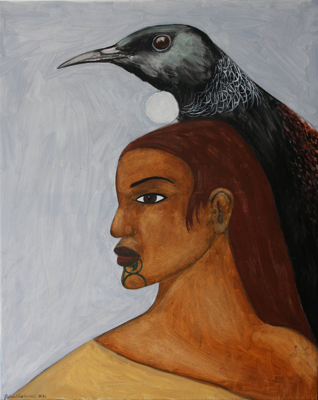 Robyn Kahukiwa, "Wahine Me Tui", Acrylic on Canvas, 2014