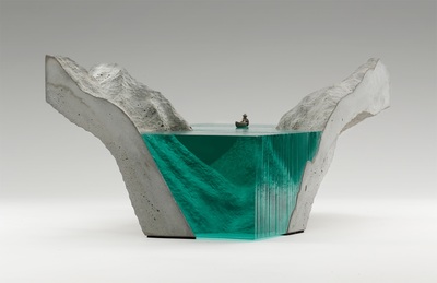 Ben Young, "The Entrance", Laminated clear float glass with cast concrete base and cast white bronze canoe, H 215 x W 430 x D 280mm, SOLD