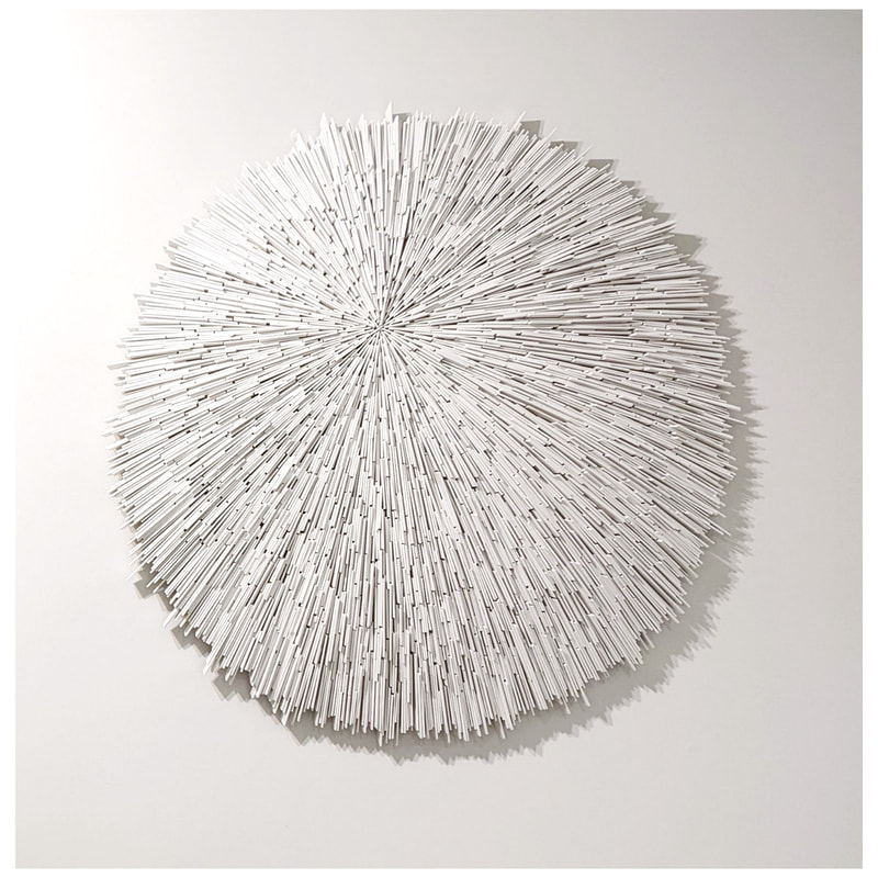 Jamie Adamson- "White Rays", Mixed Media and Cedar Wall Sculpture, 1000mm Diameter, 2022