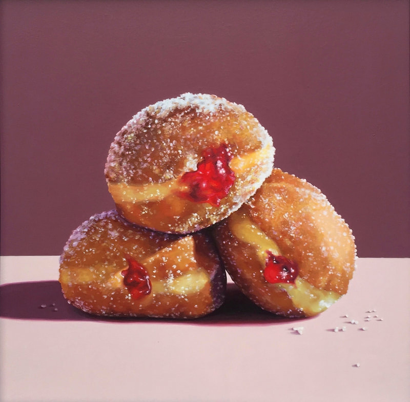 Alice Toomer, "3 Doughnuts", Acrylic on gesso panel, 495 x 630mm, 2018, SOLD