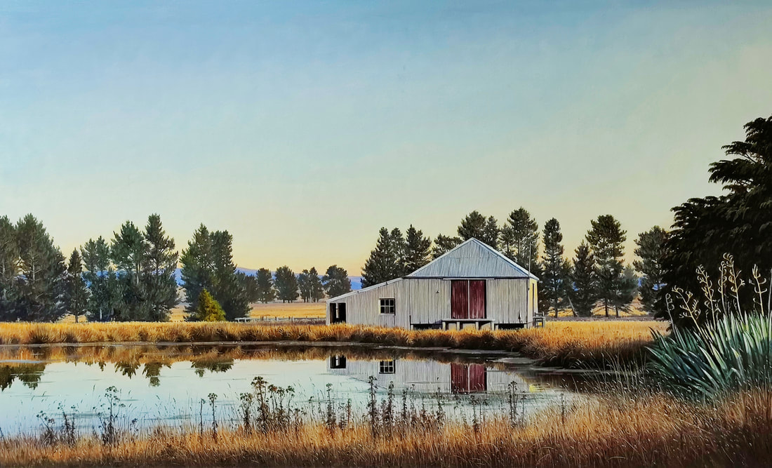 John Toomer, "Twilight – Woolshed and Stockpond at Becks", Oil on Canvas, 700 x 1150mm, 2022
