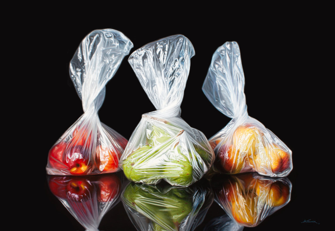 Alice Toomer "Fruit Bags", Acrylic on gesso panel, Framed, 500mm x 710mm, 2023