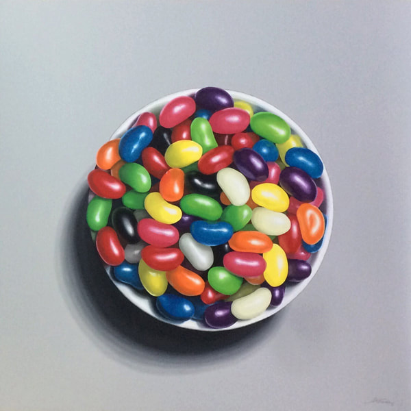 Alice Toomer, "Full of Beans", Acrylic on gesso panel, 600 x 600 mm, 2017, SOLD