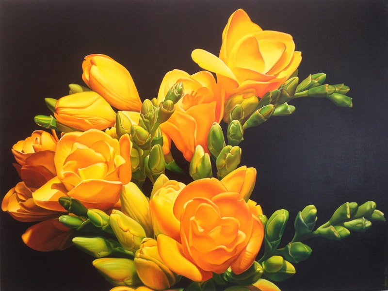 Amber Emm, "Freesias", Oil on Canvas, 760 x 1020mm, 2013, Floral Painting