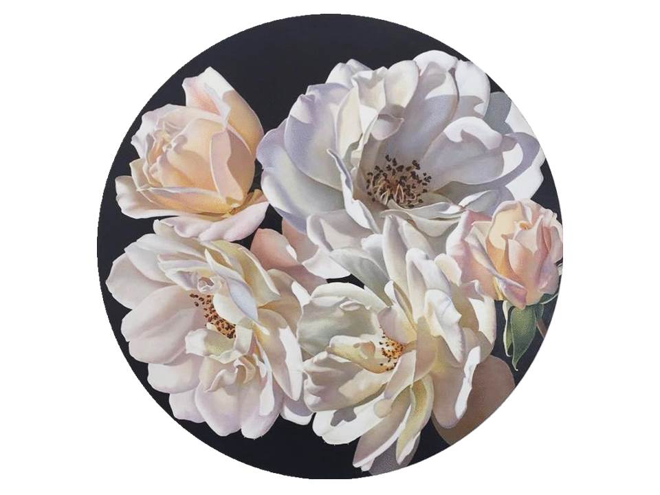 Amber Emm, "Roses Hanging Around", Oil on Board, 800mm Diameter, 2017, SOLD
