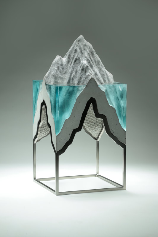 Ben Young, "Splitting Peak", Cold worked laminated float glass, cast concrete and steel frame, H 570 x W 280 x D 280mm, 2020, 22kg, SOLD