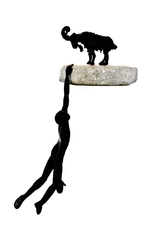John Wolter, "Billy Goat Gruff", Wall Sculpture (Bracket to Wall), Blackened Steel with a Polished Waxed Finish and Concrete Outcrop, 550mm height, 2019