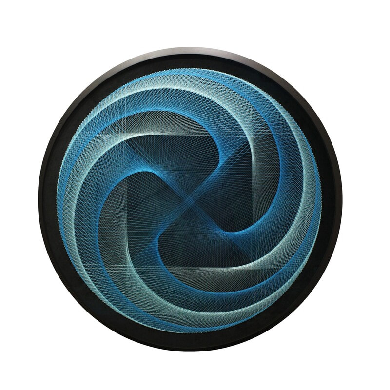 Bruce Stilwell- "Blue Vortex",  Pinned Fibres on Velvet Board, 1050mm Diameter, 2022, SOLD