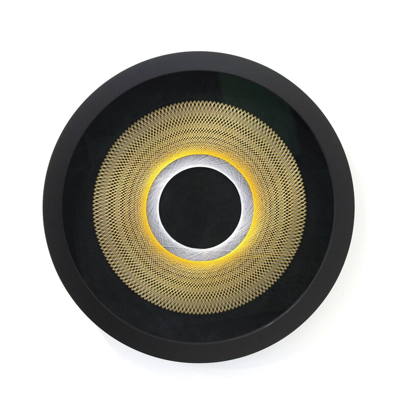 Bruce Stilwell- "Gold and Silver Halo (Mini)", Pinned Fibres on Velvet Board, Framed, 570mm Diameter, 2023, SOLD