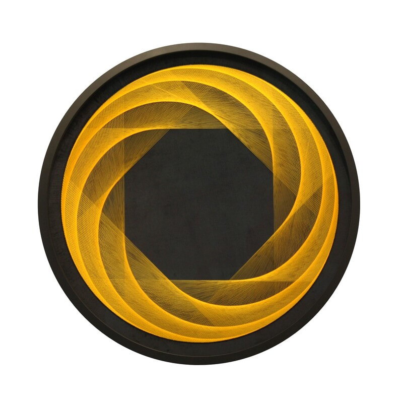 Bruce Stilwell- "Golden Vortex", 
Pinned Fibres on Velvet Board, Framed, 1050 Diameter, 2022, SOLD