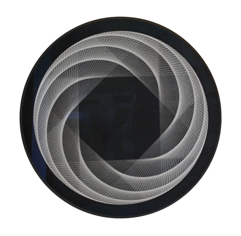 Bruce Stilwell, “Silver Linings”, Pinned Fibres on Velvet Board, Framed, 110mm Diameter, 2020, SOLD