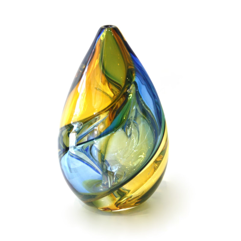 Chris Jones, "Multi-Coloured Spirale- Yellow Gold and Blue", Hand Blown Glass, 160mm height, SOLD