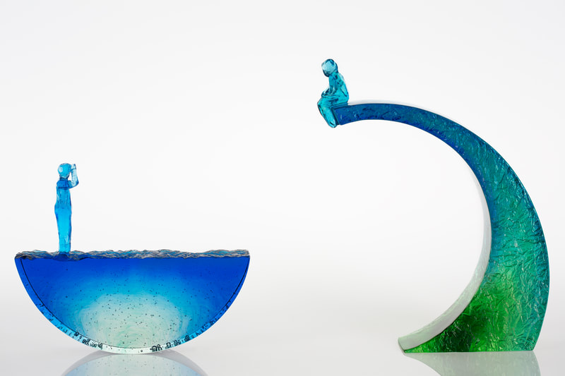 Impressive Large Scale Sculpture by Di Tocker- "Cusp & Navigator", Cast Glass, H355 x W275 x D72mm/ H230 x W283 x D48mm, 2020, SOLD (Both Sculptures)