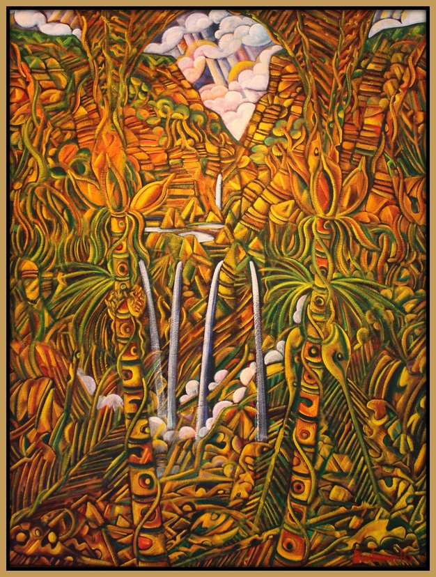 Dean Buchanan, “Pararaha Waterfall”, Oil on Canvas, Gold Frame, 1200 x 1540mm, 2016, SOLD
