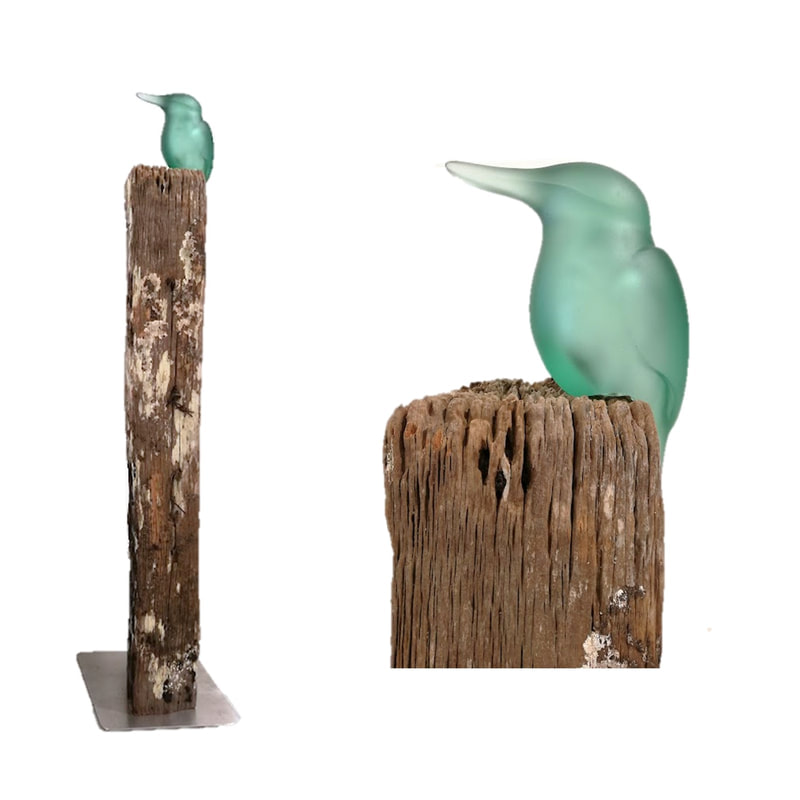 Francia Smeets- "Waiting" Bird Series- Kingfisher (Kotare), Pale Jade, Cast Glass on Timber Plinth, Steel Base, 2021, 130cm height x 30cm width x 30cm depth