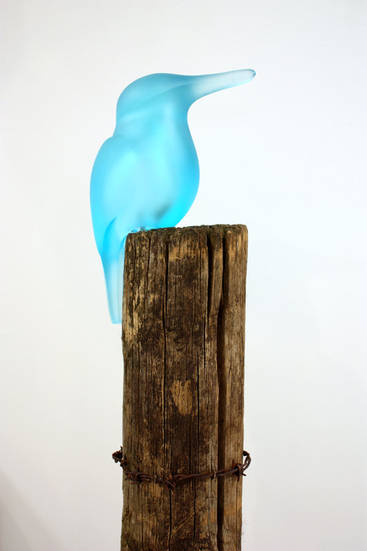 Francia Smeets, "Waiting" Bird Series- Kingfisher (Kotare), Cast Glass on Timber Plinth, Steel Base, 2020, 124cm height x 30cm width x 30cm depth