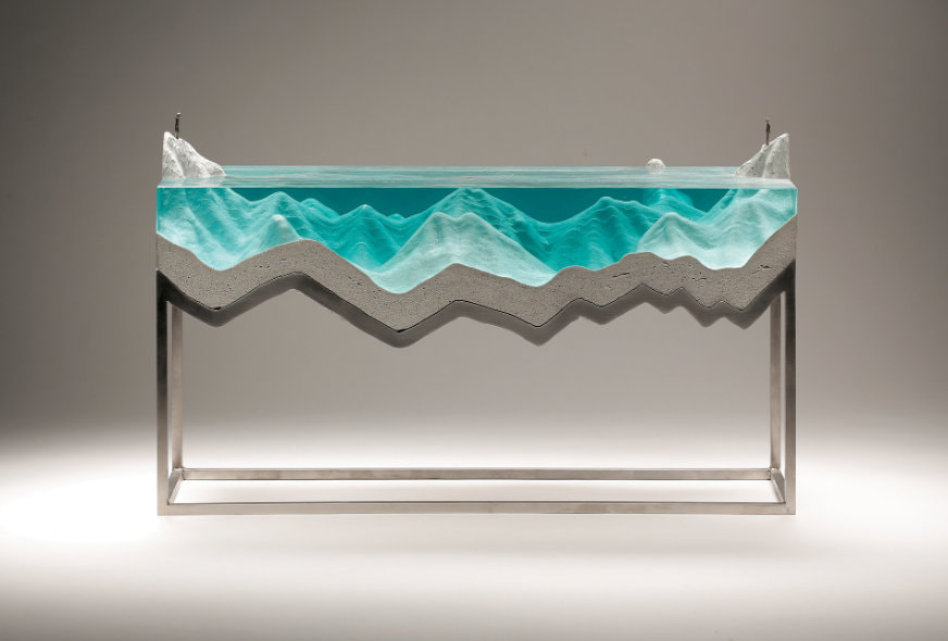 Ben Young, "Sea of Seperation", Laminated float glass, cast concrete, bronze and stainless steel stand. W 600 x H 350 x D 170mm, SOLD