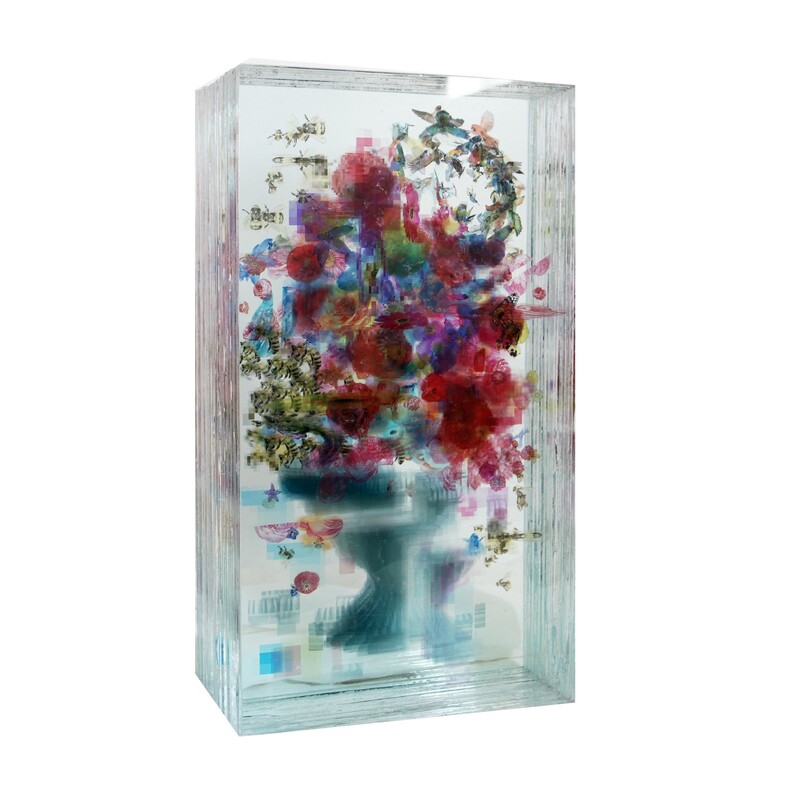 Ryan Carter- "get btr sn xx", Laminated Float Glass and Gel Transfer, Sculpture, 25 x 45 x 15cm, 2021