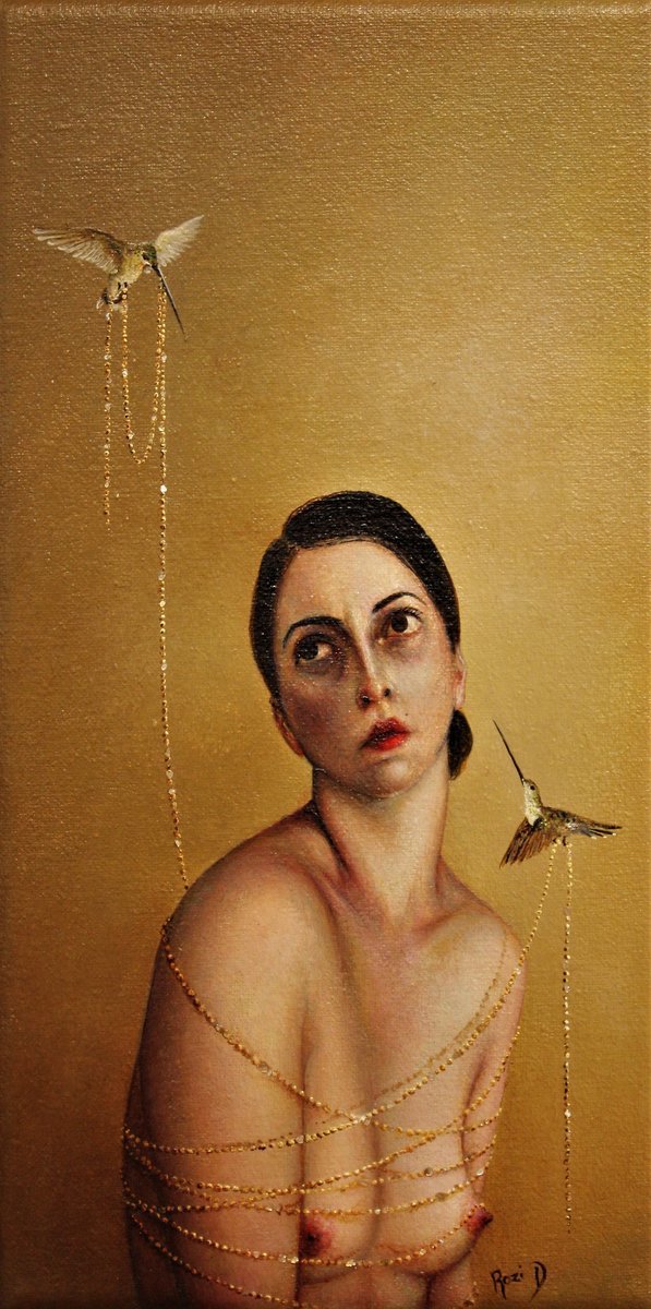 Rozi Demant, "Golden Hummingbird", Acrylic on Canvas, 11 x 20cm