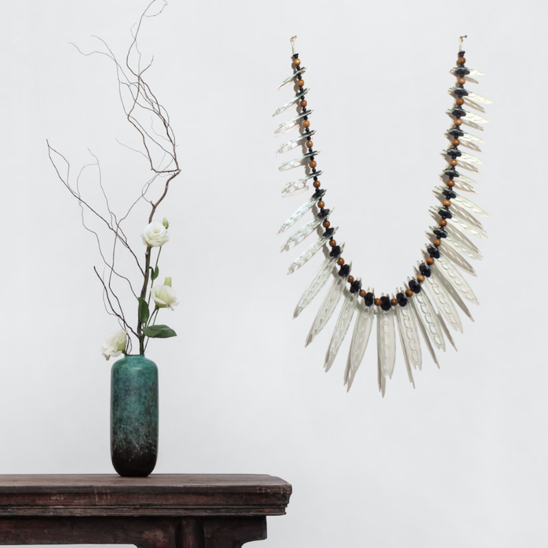 Jenny McLeod, "Black and Tan Seedpod- Wall Necklace", Glass, Rubber and Wooden Beads, 600 x 800mm, 2023