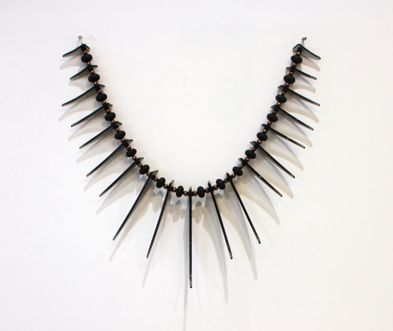 Jenny McLeod,"Charcoal Tusk Wall Necklace", Fused Glass and Metallic Shell Pearl Beads, Wall Hanging, 600 x 600mm, 2021, SOLD