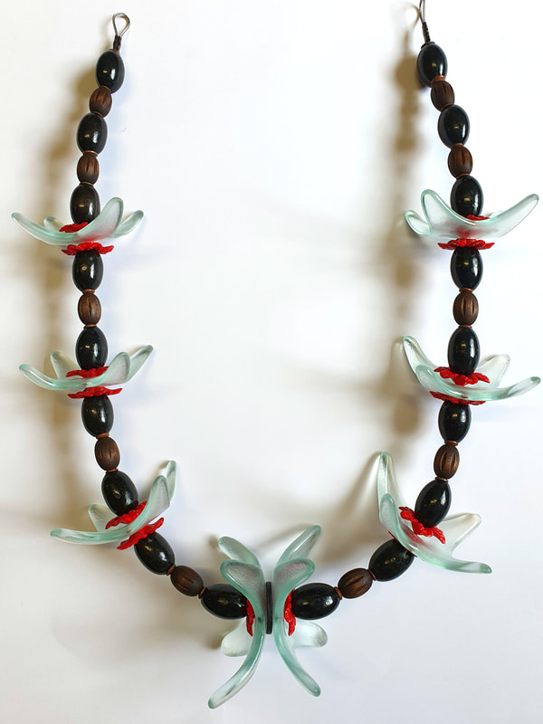 Jenny McLeod, "Red Hibiscus Wall Necklace", Fused Glass, Wooden Beads on Wire, 2020, Approx 60cm, SOLD