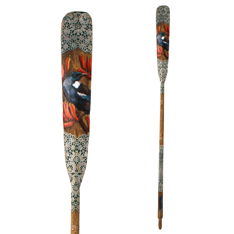 Justine Hawksworth, "Lace Tai Oar", Acrylic and Copper Details on Re-purposed Oar, 
​2100mm length, 2023