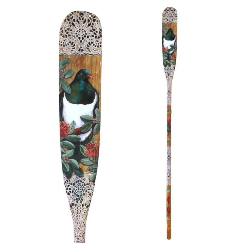 Justine Hawksworth "Summer Kereru Oar", Acrylic, Pencil and Metal Details on Re-purposed Oar, 1780mm length, 2023