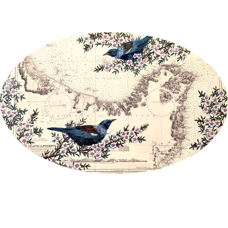 Justine Hawksworth, "Tui Over Provence of Auckland", Acrylic on Map Mounted on Board. ​800 x 500mm, 2023