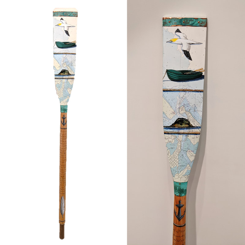 Justine Hawksworth- "Bay of Plenty Oar", Acrylic and pencil on wooden oar, Copper details, 1500mm tall, 2021