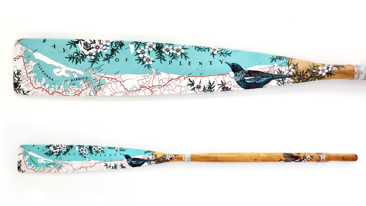 Justine Hawksworth, "Bay of Plenty Oar", ​Acrylic, pencil, map and copper on wooden oar, 1500mm, 2020, SOLD
