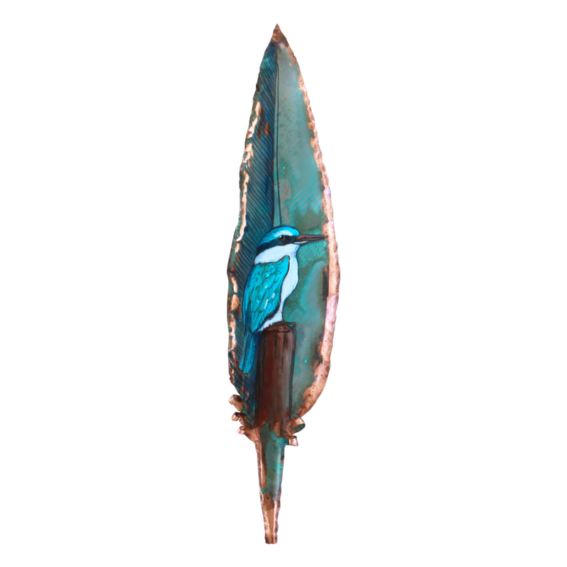 Justine Hawksworth, "Copper Feather, Kingfisher", Acrylic on Copper Feather, Wall Sculpture, 290 H x 70mm W, 2023