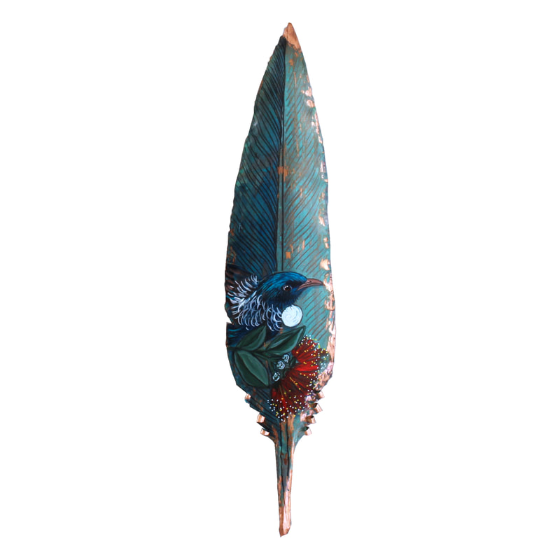 Justine Hawksworth, "Copper Feather, Tui", Acrylic on Copper Feather, Wall Sculpture, 290 H x 70mm W, 2023