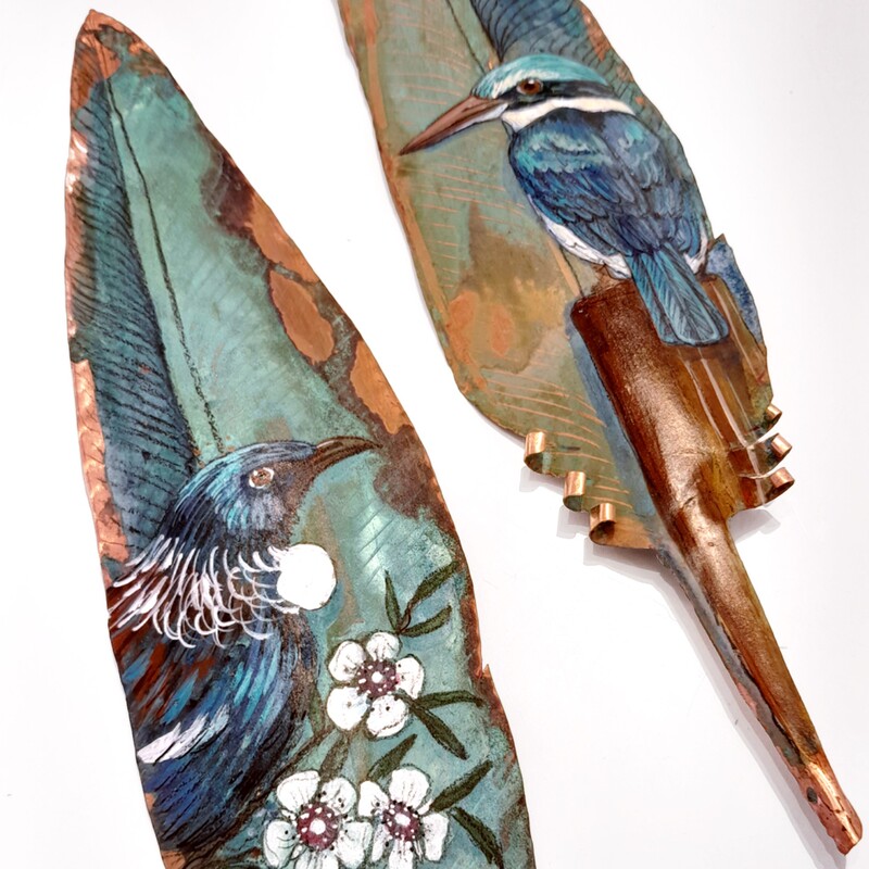 Justine Hawksworth Copper Feather, Wood Pigeon Acrylic on Copper Feather, Wall Sculpture 290 x 60mm 2023