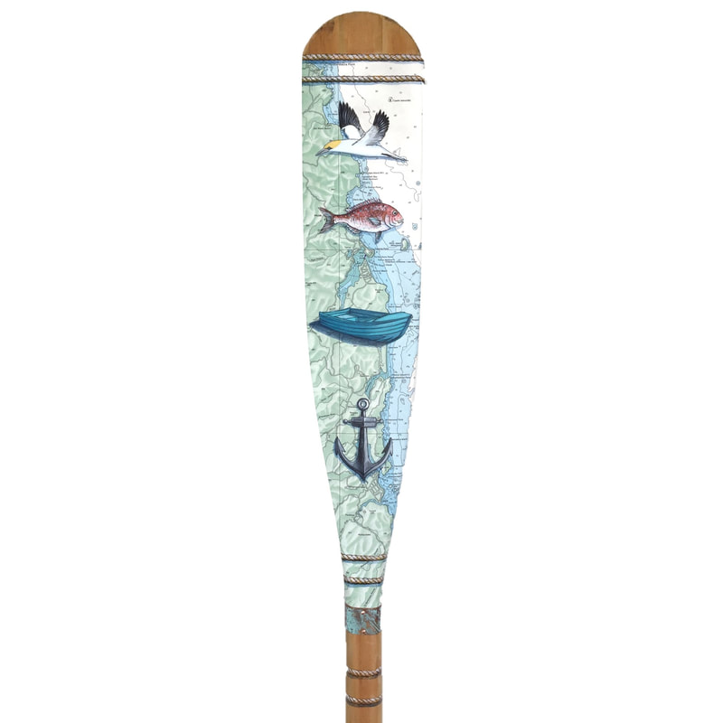 Justine Hawksworth, "Coromandel Gannet",
Acrylic and pencil on chart on vintage wooden paddle, (Hot Water Beach, Pauanui, Opoutere, Whangamata areas), ​1500mm long, 2021, SOLD