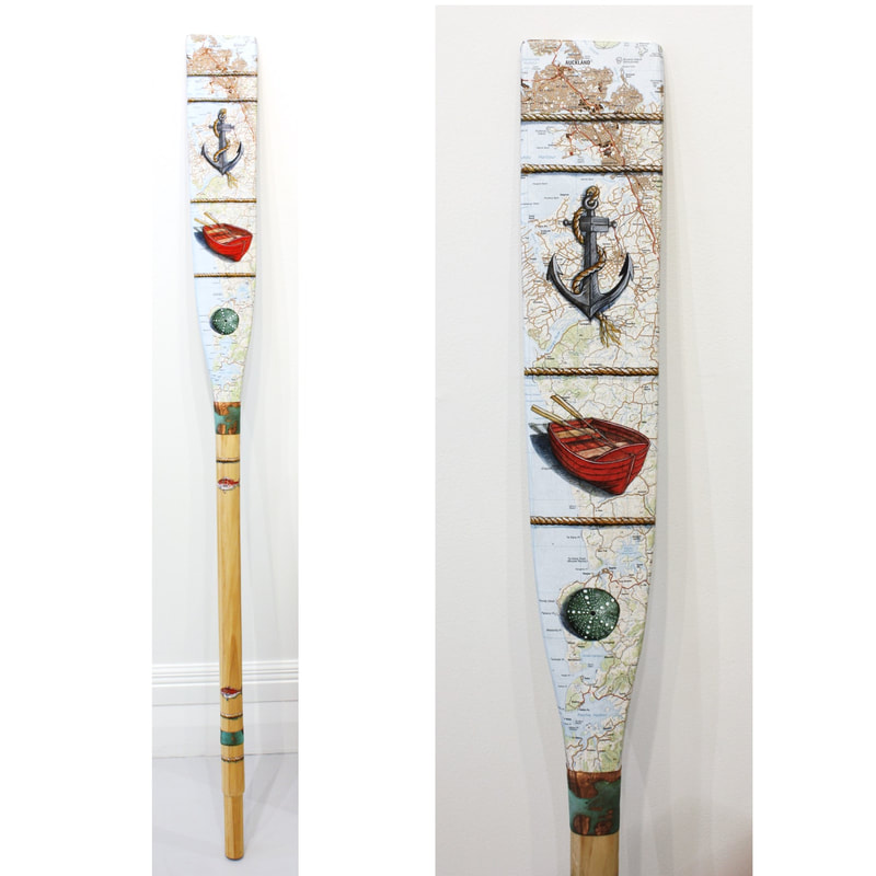 Justine Hawksworth- "Waitemata to Kawhia Oar", Acrylic, Pencil, Map and Copper Details on Re-purposed Oar, 1500mm length, 2022